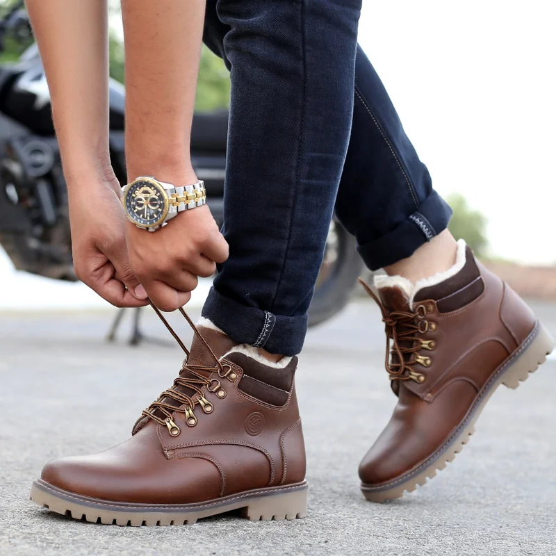 Bacca Bucci Brown Moscow Leather Biker Boots with Fur for Hiking for Men | Best Price UAE